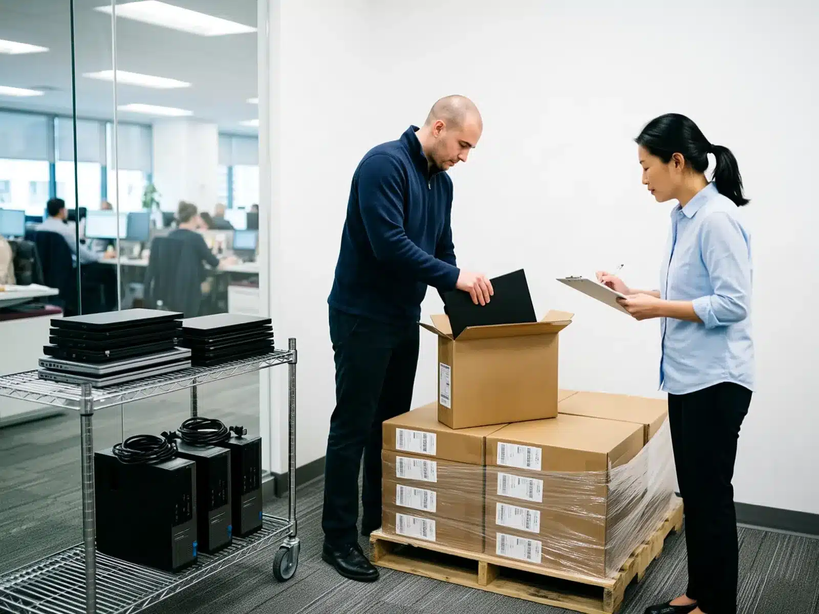 IT staff packing retired laptops onto a pallet