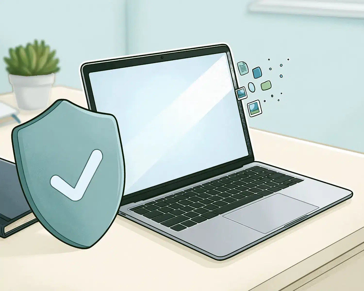 A laptop being wiped clean, with a shield showing data protection
