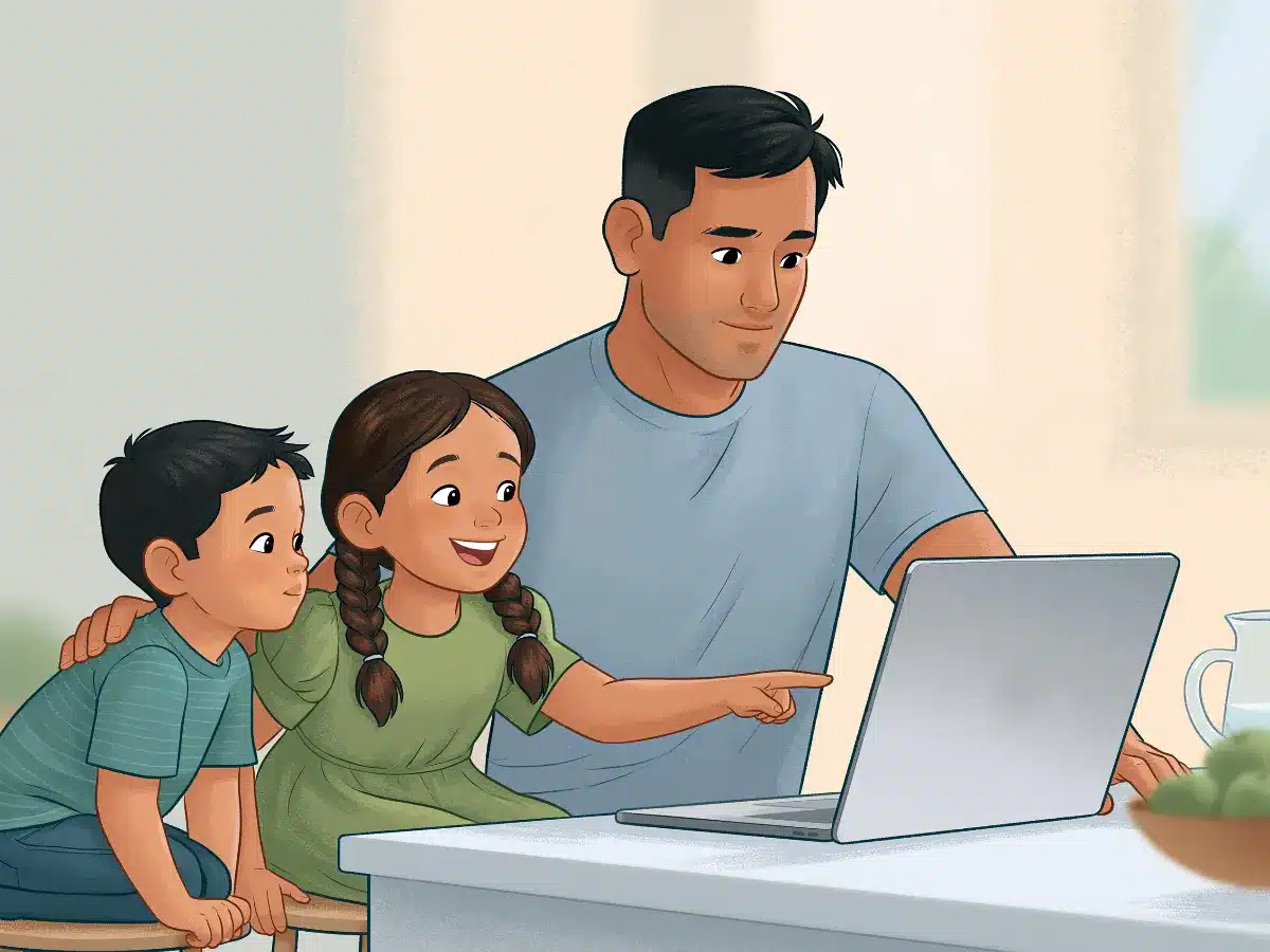 A father and two children sharing an HP laptop at home