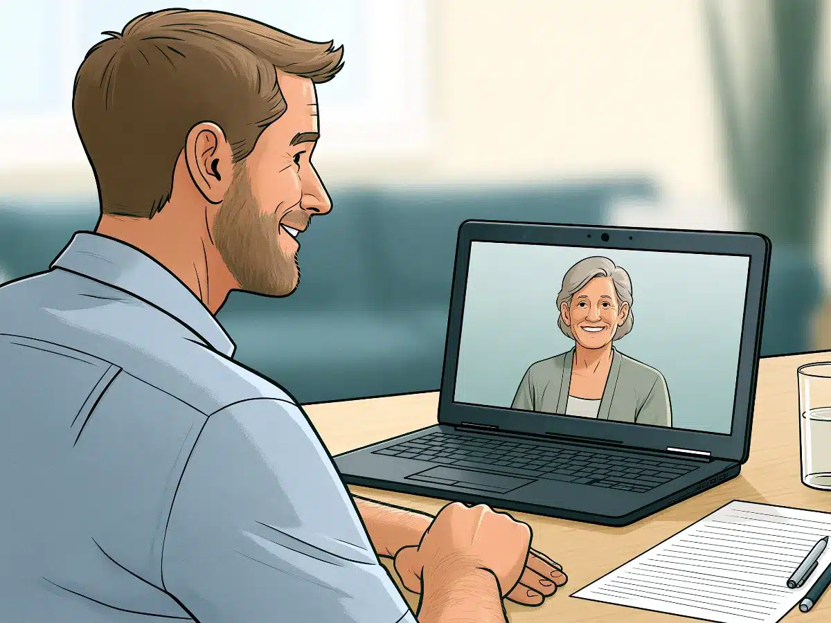 A job seeker on a video interview from his laptop