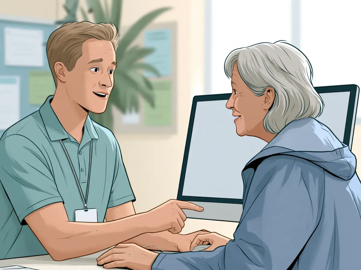 A nonprofit staff member helping a visitor at a computer