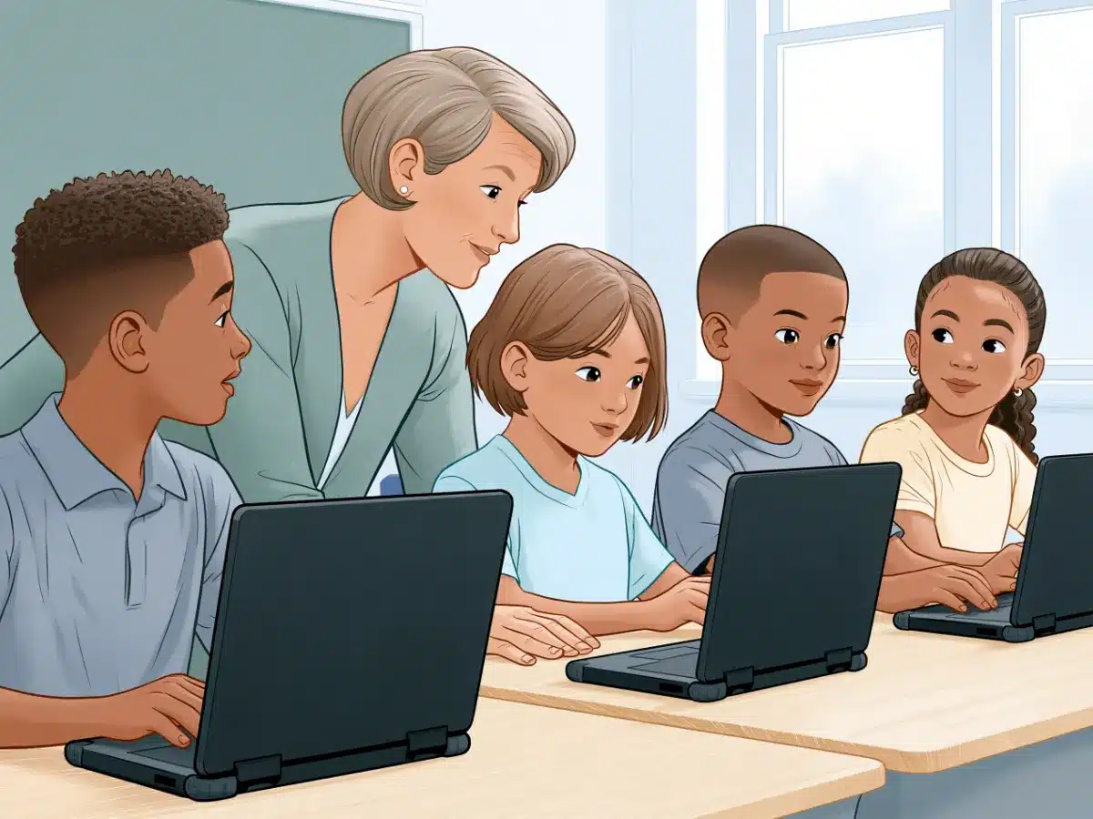 A teacher helping students in a classroom with Chromebooks