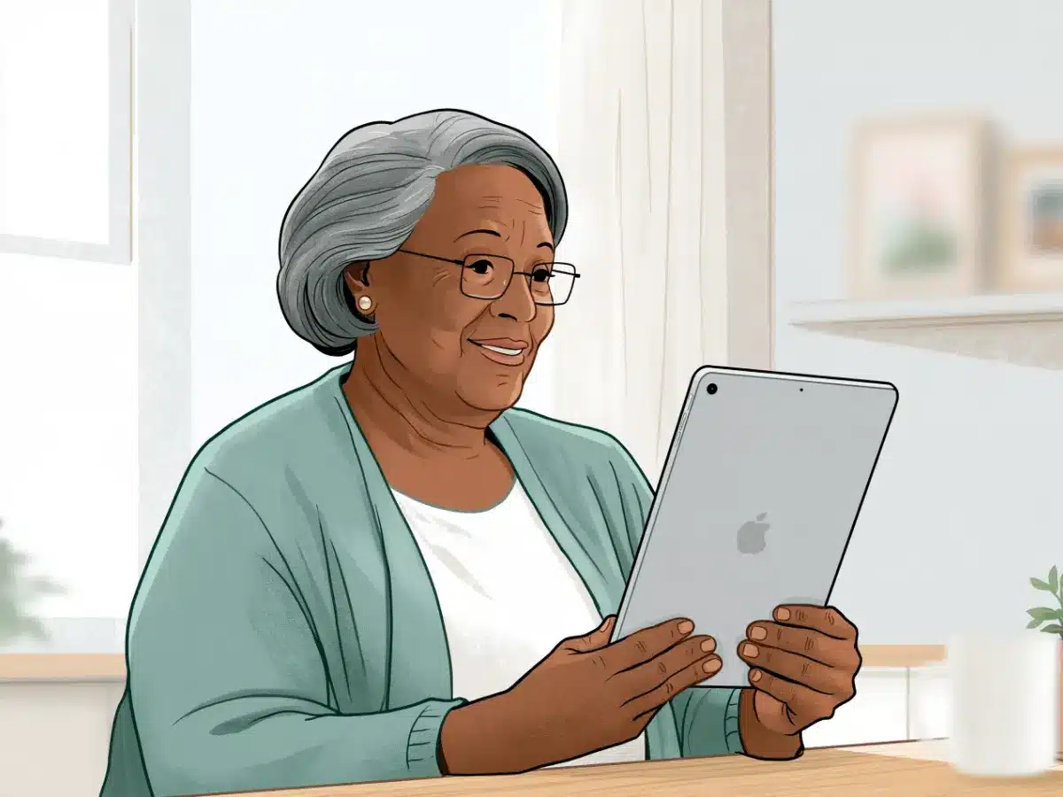 An older woman using an iPad at her kitchen table