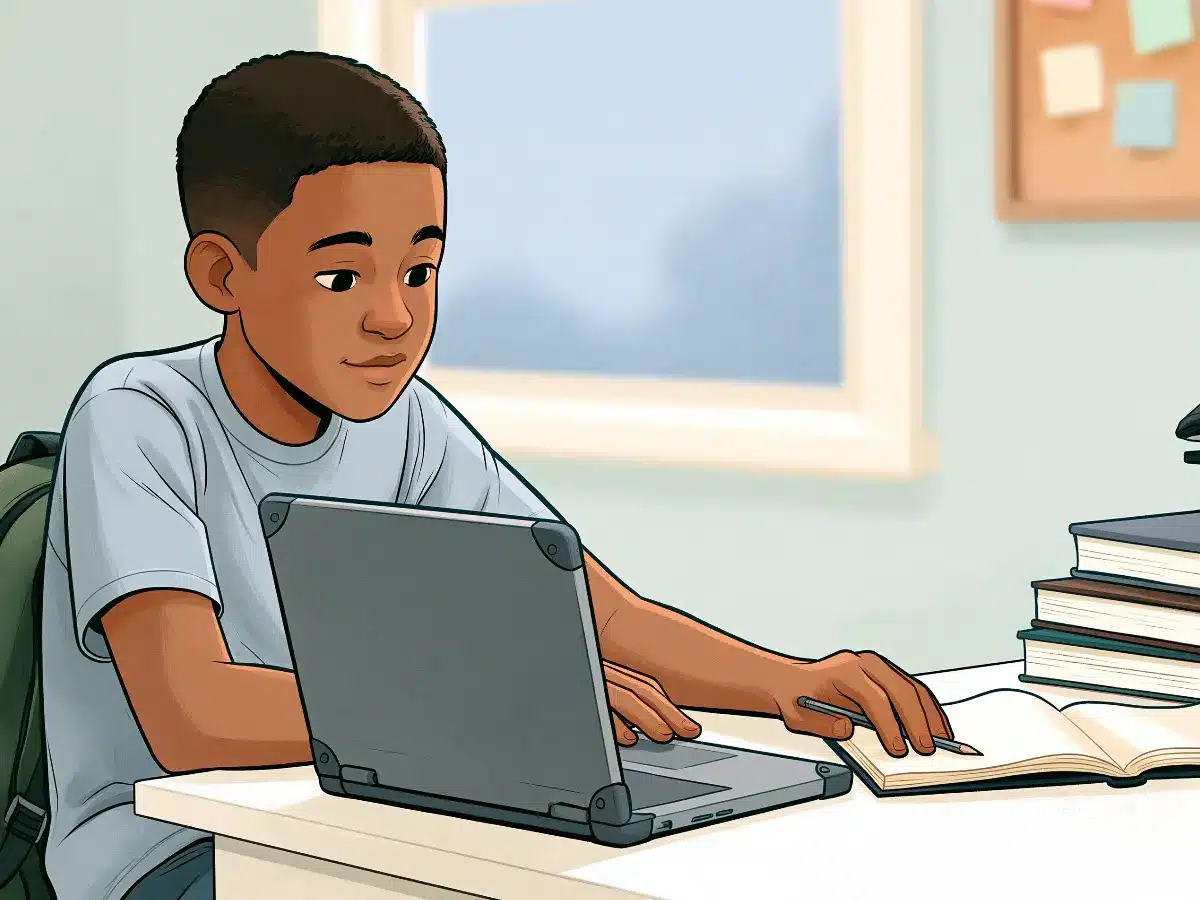 A student doing homework on a Chromebook