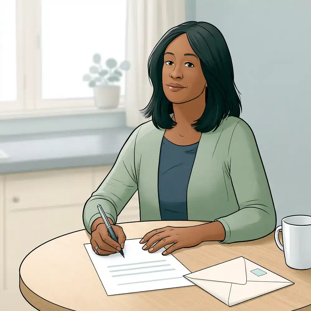A woman fills out a paper application at her kitchen table